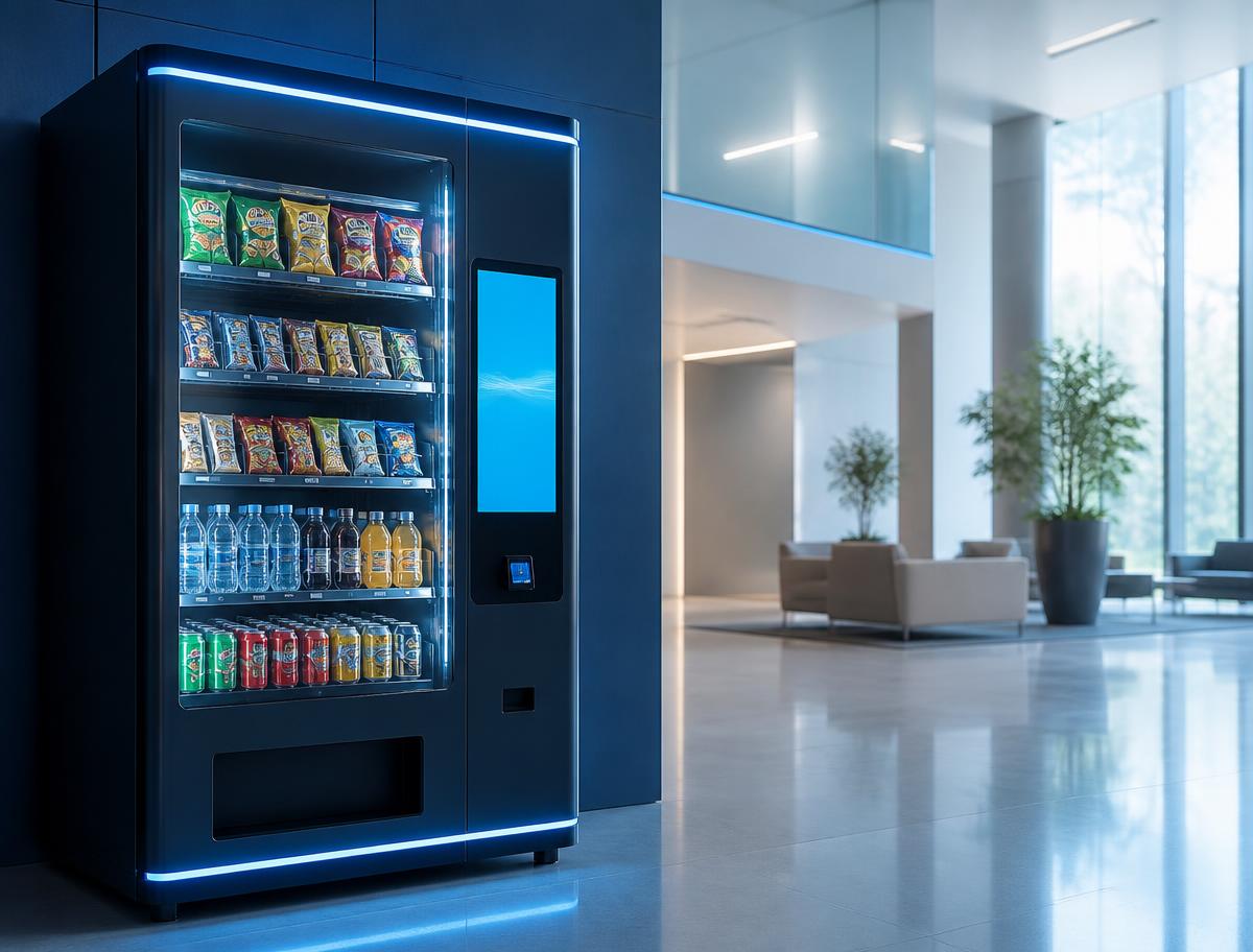 Modern smart vending machine with a touchscreen in a corporate lobby